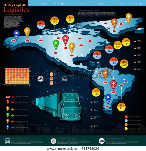 Logistic
infographic. Map of America and Mexico with different info. Datas
and plans of truck and delivery
etc.