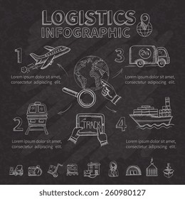 Logistic infographic set with chalkboard doodle shipping and transportation symbols vector illustration