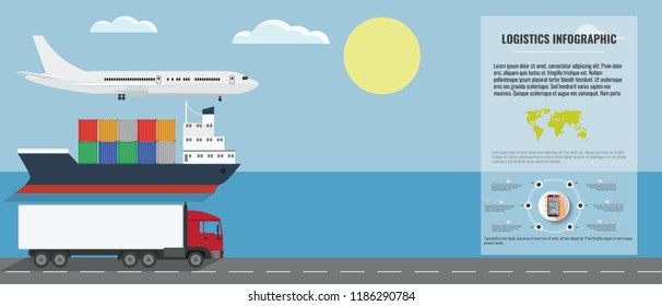 Logistic Infographic and Transportation template. Plane, ship and tir truck with infographic board. Vector illustration.