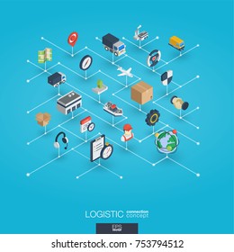 Logistic integrated 3d web icons. Digital network isometric interact concept. Connected graphic design dot and line system. Abstract background for warehouse storage, shipping delivery, distribution.