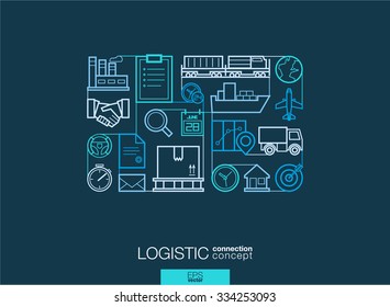 Logistic integrated thin line symbols. Modern linear style vector concept, with connected flat design icons. Illustration for delivery, service, shipping, distribution, transport, communicate concepts