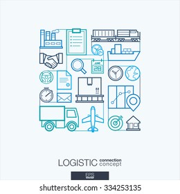 Logistic integrated thin line symbols. Modern linear style vector concept, with connected flat design icons. Illustration for delivery, service, shipping, distribution, transport, communicate concepts