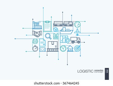 Logistic integrated thin line symbols. Motion arrows vector concept, with connected flat design icons. Illustration for delivery, service, shipping, distribution, transport, communicate concepts