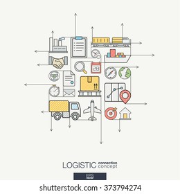 Logistic integrated thin line symbols. Modern color style vector concept, with connected flat design icons. Illustration for delivery, service, shipping, distribution, transport, communicate concepts