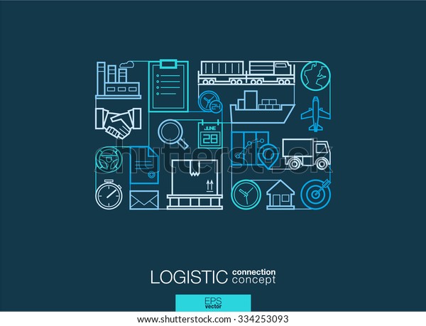 Logistic integrated thin line symbols. Modern\
linear style vector concept, with connected flat design icons.\
Illustration for delivery, service, shipping, distribution,\
transport, communicate\
concepts