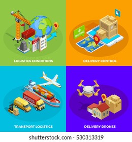 Logistic isometric concept with different stages and means of delivery and transportation processes isolated vector illustration