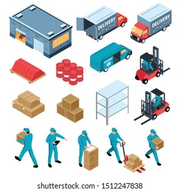 Logistic isometric set of warehouse delivery cargo transportation forklift racks and boxes isolated icons vector illustration 