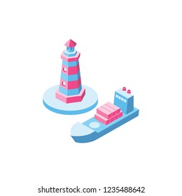 Logistic lighthouse ship Isometric 3d icon. Creative illustration idea.