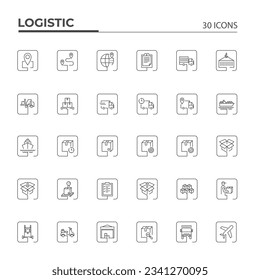 Sammlung von Logistiklinien-Symbolen. Dünne Umrisssymbole auf Rechteck gesetzt. Bearbeitbarer Hub