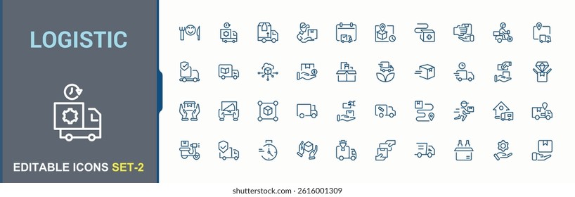 Logistic line icon set. It contains symbols to deliver, shipment, parcel, transportation. Delivery vector line icon set. Minimalist icons collection. Editable vector art and illustration.