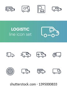 Logistic line icon set. Set of line icons on white background. Truck, trailer, parking. Transportation concept. Vector illustration can be used for topics like transport, car, auto service
