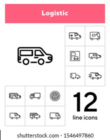 Logistic line icon set. Set of line icons on white background. Truck, trailer, parking. Transportation concept. Vector illustration can be used for topics like transport, car, auto service