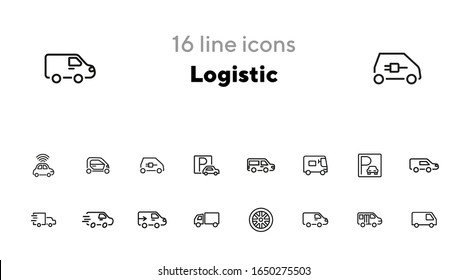 Logistic line icon set. Set of line icons on white background. Truck, trailer, parking. Transportation concept. Vector illustration can be used for topics like transport, car, auto service