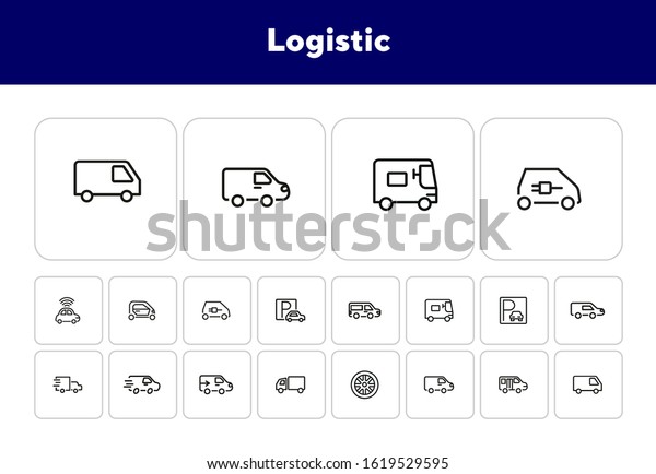 Logistic line icon set. Set of line icons on\
white background. Truck, trailer, parking. Transportation concept.\
Vector illustration can be used for topics like transport, car,\
auto service
