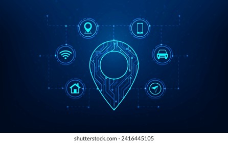 logistic location pin technology on blue background. navigator gps symbol transport digital. global pointer map concept. vector illustration hi-tech line and dot concept. 