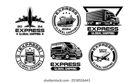 Coleção de vetores de emblema de logotipo logístico. Conjunto de elementos de design para transporte logístico e logotipo de mensageiro com estilo moderno. Entrega de carga de transporte e pacote de vetor de logotipo de correio