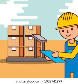 logistic man with cardboard boxes in scale