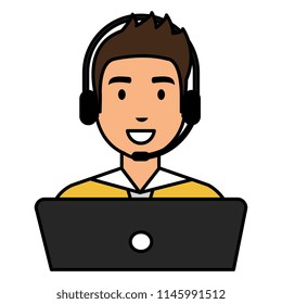 logistic man worker with headset and laptop