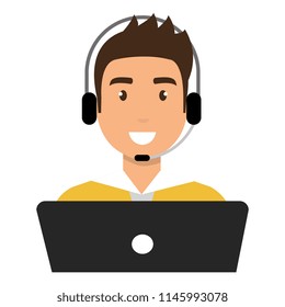 logistic man worker with headset and laptop