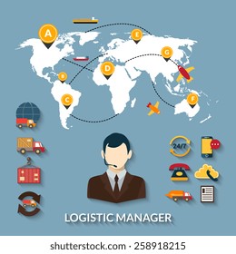 Logistic manager infographics set with delivery business workflow and world map vector illustration