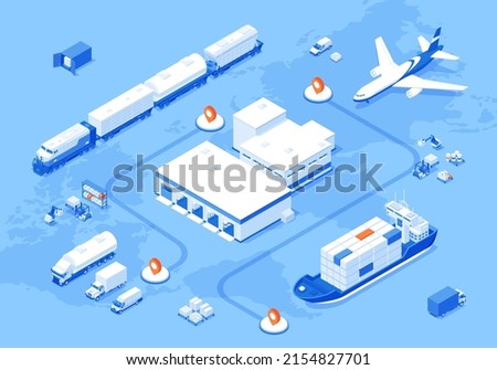 Logistic map delivery way international shipment air truck maritime train isometric vector illustration. Global cargo transportation import export distribution information banner automation technology