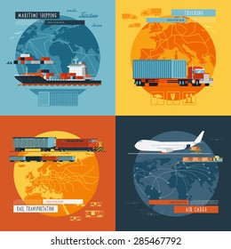  Logistic maritime shipping and air cargo transportation worldwide 4 flat icons composition banner abstract isolated vector illustration