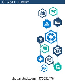 LOGISTIC mechanism concept. distribution, delivery, service, shipping, logistic, transport, market concepts. Abstract background with connected objects. Vector illustration.