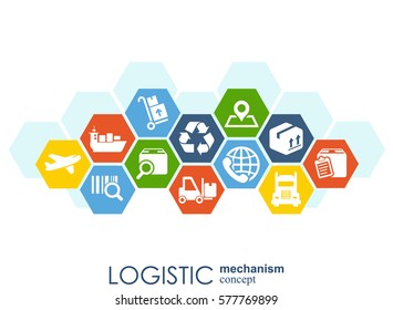 LOGISTIC mechanism concept. distribution, delivery, service, shipping, logistic, transport, market concepts. Abstract background with connected objects. Vector illustration.