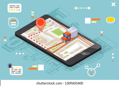 Logistic mobile delivery tracking app 3d isometric smartphone truck pin city street map flat design vector illustration