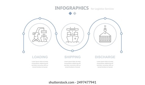 Infografías redondas modernas y logísticas que reflejan servicios logísticos como carga de contenedores en un barco, portacontenedores, portacontenedores, envío por mar. Cadena de suministro de carga