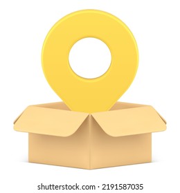 Logistic navigation cardboard box GPS tracking service map pin realistic 3d icon vector illustration. Cargo courier delivery transportation app commercial freight distribution direction search