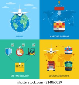 Logistic network airmail maritime shipping on-time delivery flat icons set isolated vector illustration