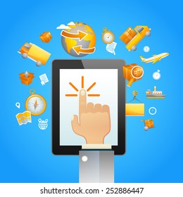 Logistic network concept with human hand touch pad and transportation icons vector illustration