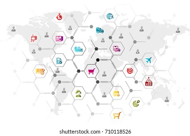 Logistic network grid illustration with icons over world map