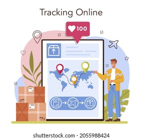 Logistic online service or platform. Idea of transportation, distribution and delivery. Loader in uniform delivering a cargo. Online tracking. Flat vector illustration
