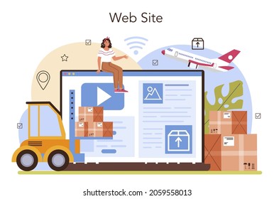 Logistic online service or platform. Idea of transportation, distribution and delivery. Loader in uniform delivering a cargo. Website. Flat vector illustration