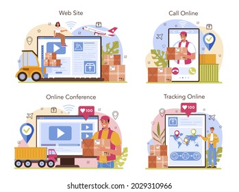 Logistic online service or platform set. Idea of transportation, distribution and delivery. Loader in uniform delivering a cargo. Online tracking, call, conference, website. Flat vector illustration