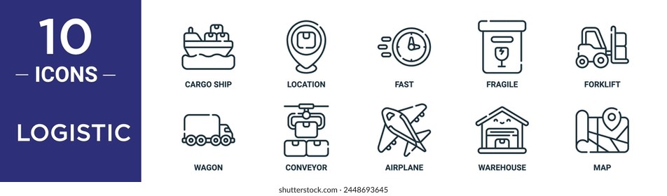 logistic outline icon set includes thin line cargo ship, location, fast, fragile, forklift, wagon, conveyor icons for report, presentation, diagram, web design