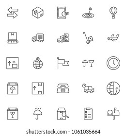 Logistic outline icons set. linear style symbols collection, line signs pack. vector graphics. Set includes icons as arrow left right, delivery box, post stamp, target dartboard, conveyor belt