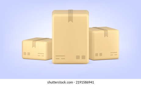 Logistic rectangular sealed cardboard boxes freight transportation and moving realistic 3d icon vector illustration. Closed parcels package with mark delivery courier service and warehouse storage