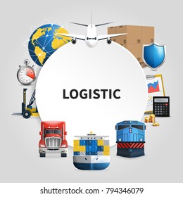 Logistic round composition with means of transport to deliver goods combined in round frame vector illustration