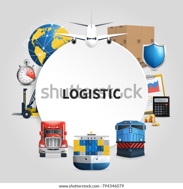 Logistic round\
composition with means of transport to deliver goods combined in\
round frame vector\
illustration