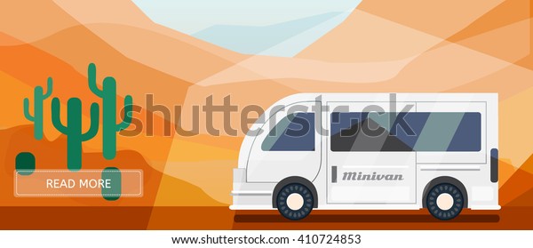Logistic routes minivan banner. Logistics minivan\
banner for industry, web and print. Flat style vector illustration\
of a minivan in\
desert.