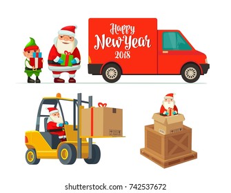 Logistic Santa Claus and elf with a gift. Forklift carries a box. Red delivery van. Flat vector color illustration for poster New Year and Merry Christmas