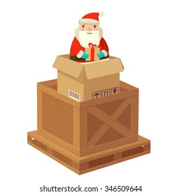 Logistic Santa Claus with a gift. Flat Vector illustration. For poster, logo, web, info graphic, banner.