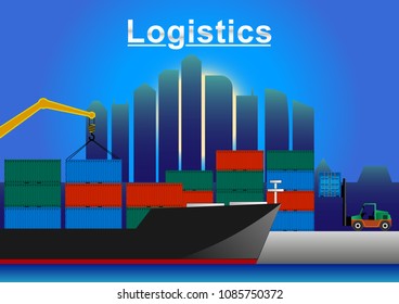 Logistic sea freight background with loading ship containers crane and forklift. Vector illustration.
