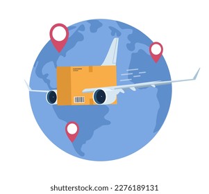 Logistic service concept. Air delivery service. A box with wings and engines flies against the background of a world map  Vector illustration.