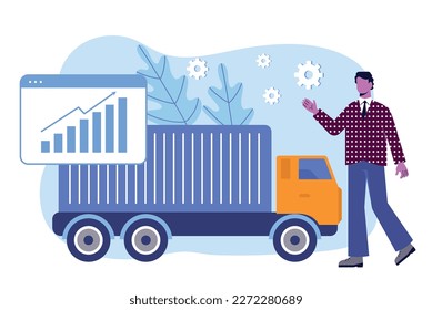 Logistic service concept. Man in front of truck with goods for delivery. Import and export of cargo, international trade and global business. Young guy with transport. Cartoon flat vector illustration