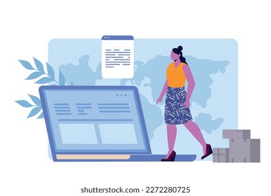 Logistic service concept. Woman standing in front of laptop next to cardboard boxes. Online shopping and home delivery. Transportation of goods, import and export. Cartoon flat vector illustration