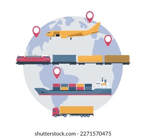 Concepto de servicio logístico. Mapa mundial, camión, buque de carga, tren y avión de carga. Ilustración vectorial.